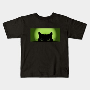 Peek-a-Boo Black Cat (Green) Kids T-Shirt